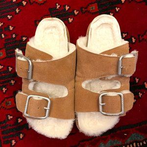 J/Slides Women’s Lynx Shearling Double Buckle Sandal Slides - Sz 7